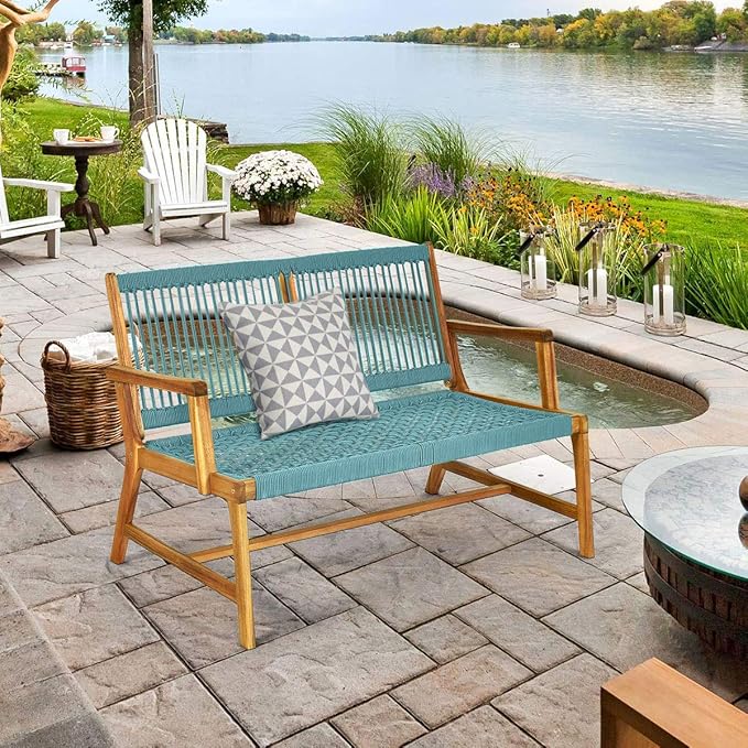 Tangkula 2-Person Patio Acacia Wood Bench Loveseat Chair, Outdoor Patio Acacia Wood Bench in Teak Oil Finish, Patio Loveseat Rope Chair for Balcony Deck Poolside Porch (Turquoise)