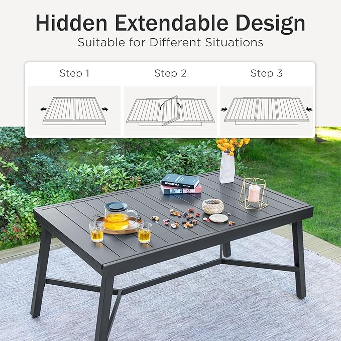 PHI VILLA 9 Piece Outdoor Dining Table Set for 8, Expandable Rectangular Iron Dining Table & Rattan Wicker Chairs with Cushions, Large Dining Furniture Set for Patio, Deck, Yard