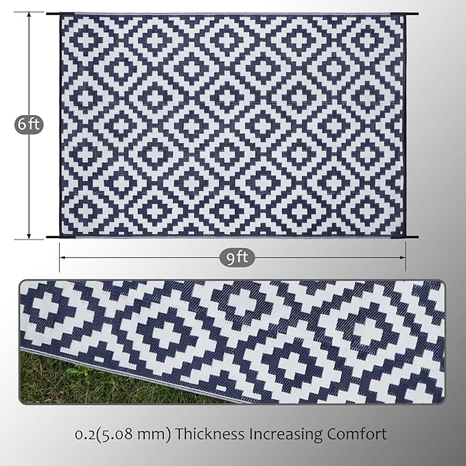 SAND MINE Reversible Mats, Plastic Straw Rug, Modern Area Rug, Large Floor Mat and Rug for Outdoors, RV, Patio, Backyard, Deck, Picnic, Beach, Trailer, Camping, Dark Blue & White, 6' x 9'
