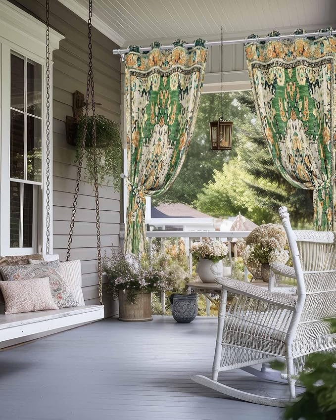 Ombre Green Boho Outdoor Curtains for Patio Waterproof, Grommet Privacy Curtain Drapes Weatherproof Outside Curtains for Porch GazeboPergola Cabana 2 Panel 54x108inch Vintage Ethnic Tribal Geometric