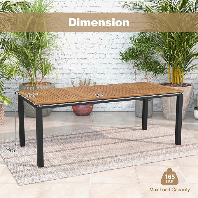 Tangkula 79" Acacia Wood Outdoor Dining Table for 8, Patio Table with Umbrella Hole, Metal Legs & Adjustable Foot Pads, Rectangular 8-Person Outside Table for Garden, Poolside & Backyard