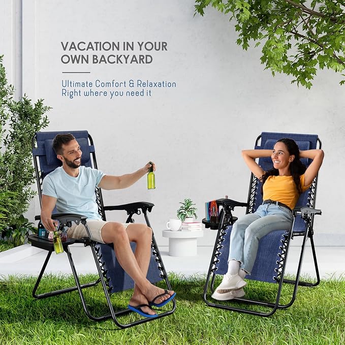 Nestl Zero Gravity Chairs Set of 2, Patio Lounge Chair Outdoor with Pillows & Cup Holder Trays, Adjustable Steel Mesh Reclining Camping Chair, Folding Patio Lawn Chair for Deck, Beach, Yard - Blue