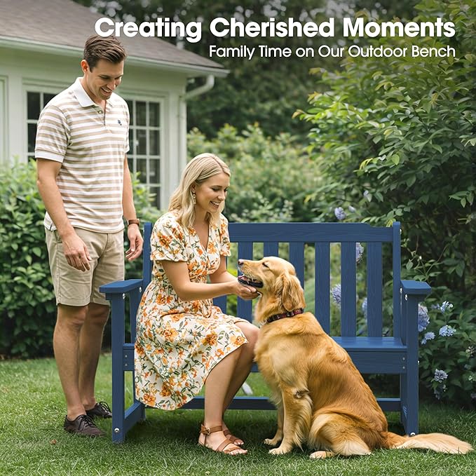 Ciokea 49" Heavy Duty Outdoor Bench, HDPE Weatherproof Porch Benches, Durable 2-Person Garden Benches with 660 Lbs, Waterproof Patio Bench for Outside Balcony Deck Backyard, Navy Blue