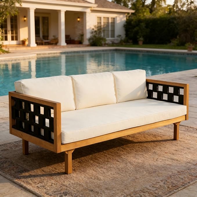 Christopher Knight Home Rosie Acacia Wood Outdoor Daybed Sofa with Water-Resistant Cushion, Solid Wood Patio 3 Seater Sofa Couch, Patio Garden Lounge Sofa with Woven Rope Accent, Black+Teak+Beige