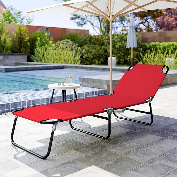 Outsunny Folding Chaise Lounge Pool Chairs, Outdoor Sun Tanning Chairs with 5-Level Reclining Back, Steel Frame for Beach, Yard, Patio, Red