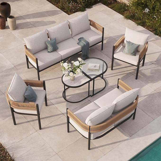 Grand patio 6-Piece Wicker Outdoor Furniture Set with 3-Seat Couch, Thick Cushions and Coffee Table, Patio Sofa Conversation Set for Backyard, Balcony, Natural