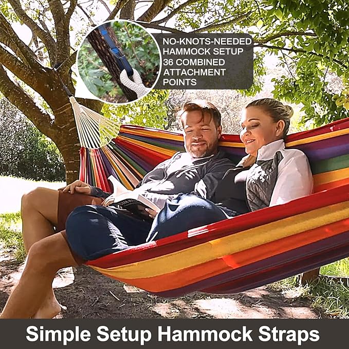 Brazilian Double Hammock with Tree Straps,Extra Large 94x63IN,2 Persons Hammock for Backyard Patio Outdoor and Indoor,450lbs Weight Capacity,Soft Woven Cotton Fabric - Aqua Bule Stripe