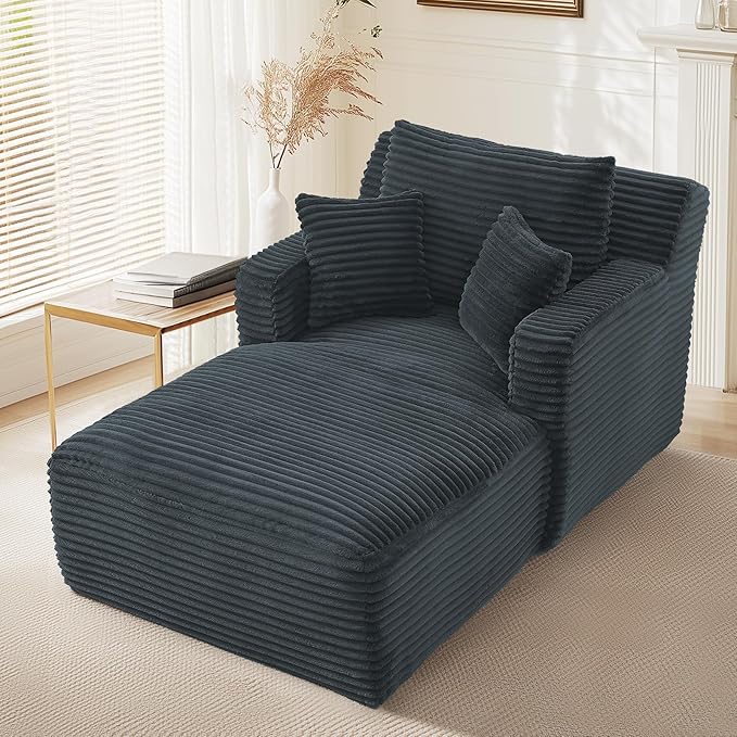 65.4" Chaise Lounge Chair Indoor, Oversized Boneless Couch Comfy Upholstered Sleeper Sofa Bed with 3 Pillows, Corduroy Cloud Reading Chair for Living Room No Assembly Required, Dark Grey