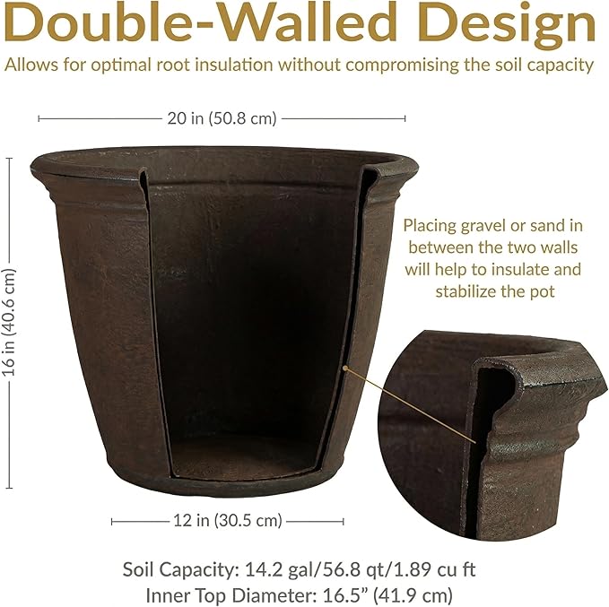 Sunnydaze 20-Inch Anjelica Large Plastic Pot for Plants - Outdoor Double-Walled Large Plastic Planter with Drillable Drainage Holes - Sable - 4pk