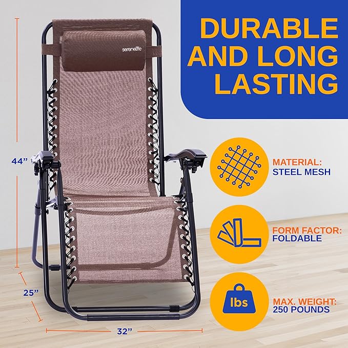 SereneLife Outdoor Zero Gravity Lounge Chair Set with Table – 2 Adjustable Recliners with Cup Holders, Headrest, Steel Frame & Foldable Design for Patio, Pool, Garden, or Camping
