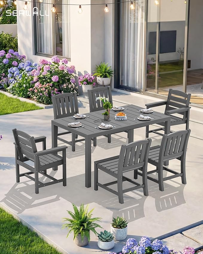 SERWALL 9-Piece Outdoor Dining Set, 60" - 83" Expandable Outdoor Dining Table and 8 HDPE Chairs, All Weather HDPE Outdoor Furniture Set for Backyard, Garden, Grey