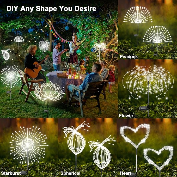 Solar Garden Lights Outdoor, 2 Pack 120 LED Twinkling Firework Lights Decorative with 2 Modes, Outdoor Waterproof Solar Starburst Light for Outside Yard Pathway Garden Decor, White