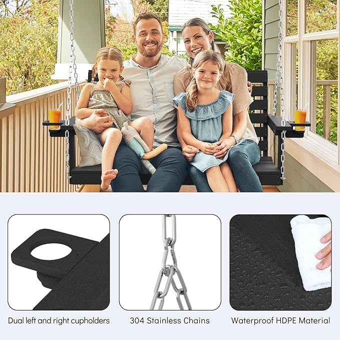 Plawdlik Porch Swings,2 Seat Patio Chair with Two Cup Holders,HDPE Waterproof Bench for Courtyard-Black