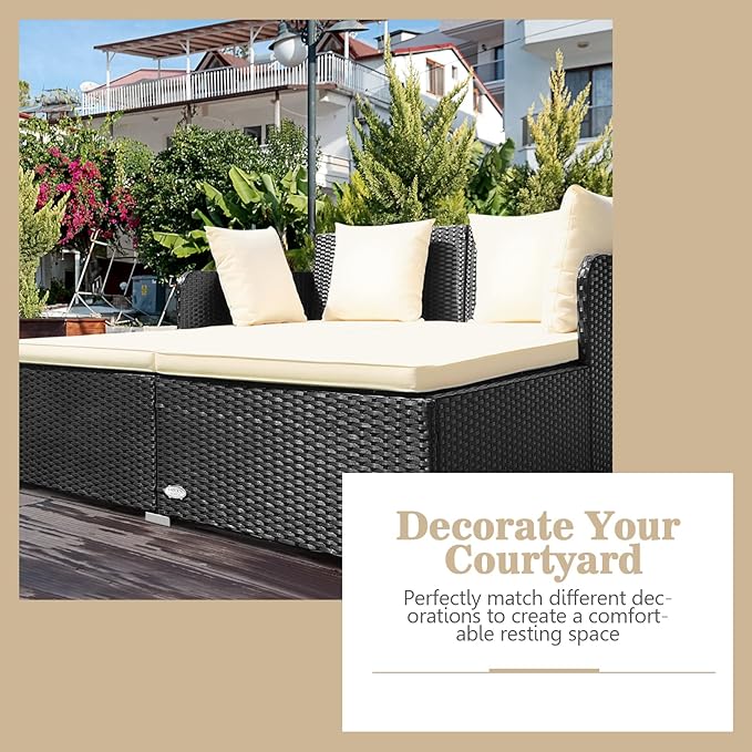 HAPPYGRILL Outdoor Daybed Rattan Wicker Patio Daybed with Padded Cushions Pillows and Sturdy Aluminum Foot, Patio Sofa Furniture Set for Garden Porch Poolside