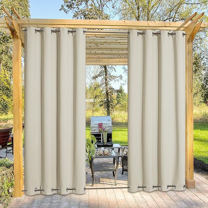 NICETOWN Outdoor Curtain for Patio Waterproof, Sun Blocking Rustproof Grommet Top and Bottom Windproof, Durable Windproof Sun/Rain Blocking for Pergola/Porch, W52 x L108, Sold by Single, Beige
