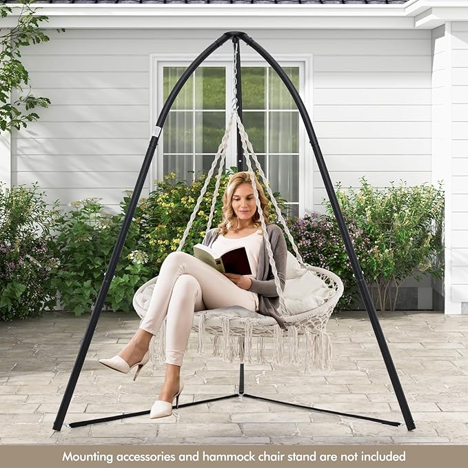Tangkula 2-Person Hanging Hammock Chair, Boho Style Macrame Hammock Swing with Soft Cushions, Tassels, Indoor Outdoor Cotton Rope Hanging Swing Chair for Bedroom, Porch, Balcony