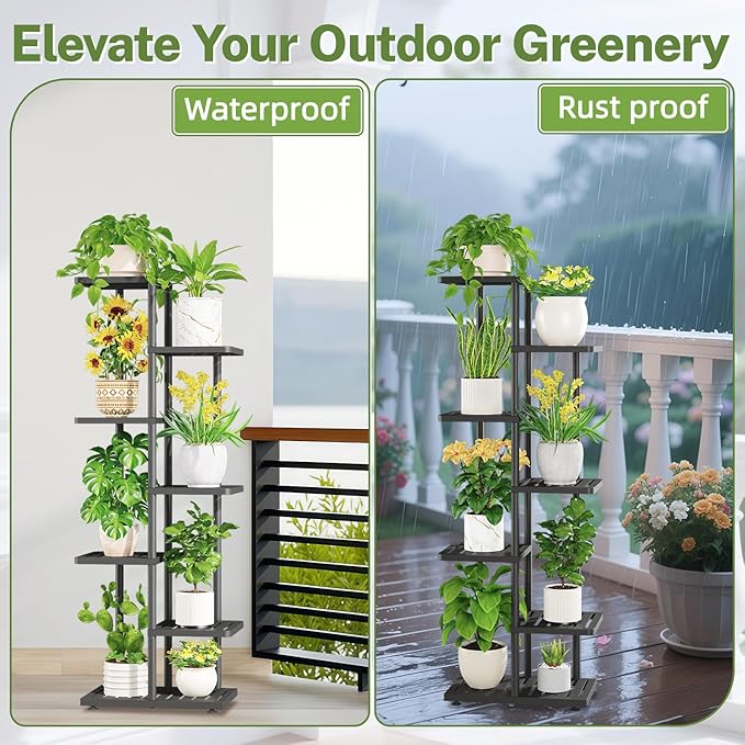 iDavosic.ly Plant Stand with Grow Light Indoor Outdoor, 6-Tier Tall Metal Flower Shelf for Heavy-Duty Large Planters, Corner Orchid Display Rack for Living Room Balcony Patio Porch, Modern Black