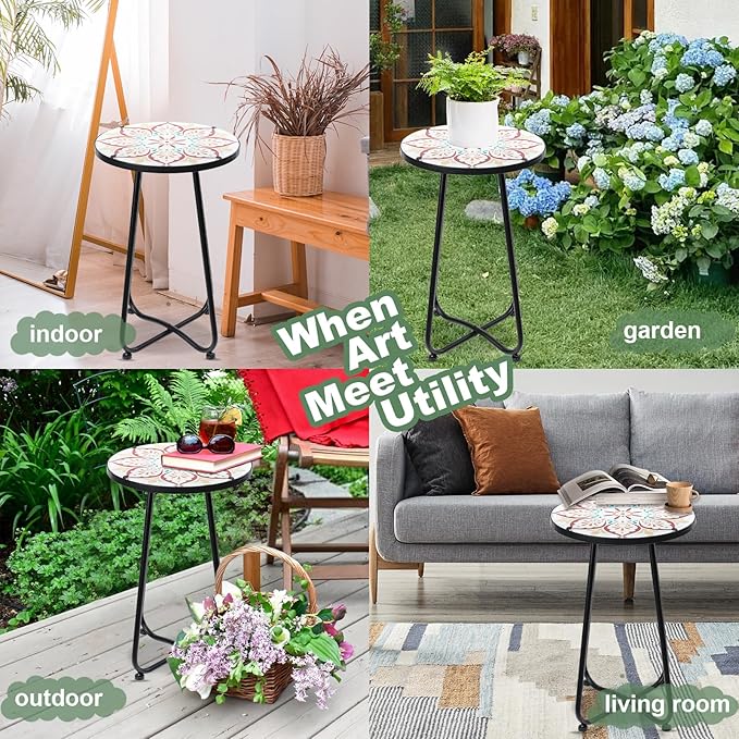 VCUTEKA Patio Side Table Outdoor Accent Table Bistro Coffee Table Plant End Table Small Porch Table Indoor Round Glass Balcony Plant Table Stands Khaki Flower 12 inches