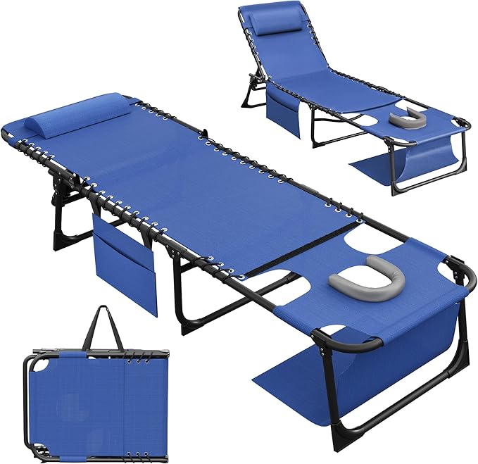 Devoko Beach Lounge Chair, Outdoor Sun Tanning Chair with Face Hole, Heavy Duty Folding Portable Lay Chaise Lounge Chairs for Outside Beach Pool Camping Patio, Blue