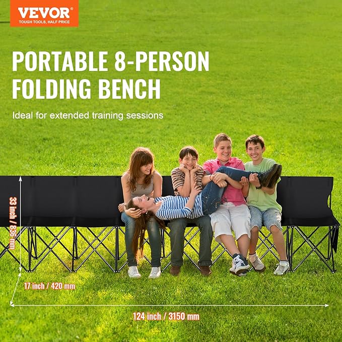 VEVOR Portable Folding Bench, 8 Seats Foldable Sideline Bench, Outdoor Camping Bench Chair with Carry Bag & Backrest, Team Sport Sideline Bench for Football Fishing, No Assembly Instant Seating, Black