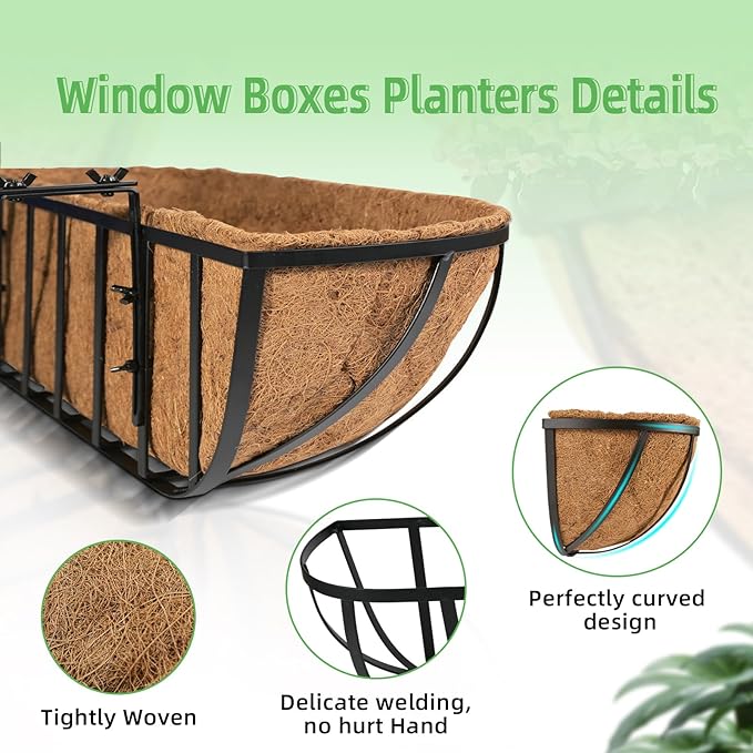 hehimhis Balcony Planters Railing Hanging 24inch 4 Pack Window Planter Box with Adjustable Bracket with Coco Liner for Porch Fence Patio Hanging Planters for Garden Outdoor Boxes