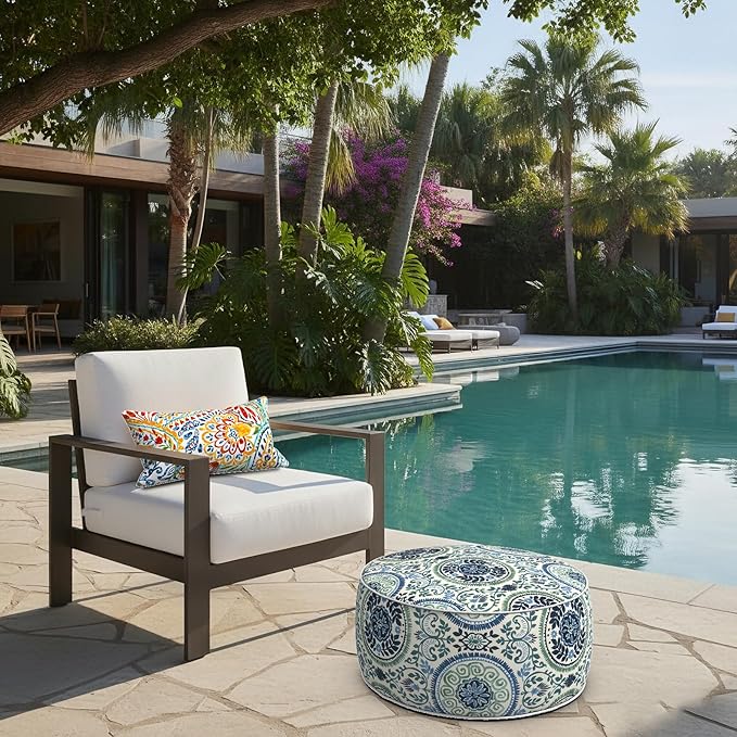 LVTXIII Indoor/Outdoor Inflatable Ottoman with Handle D21 x H9 Inch, Weather-Resistant Round Footstool Pouf for Patio Camping Living Room, Portable Footrest Extra Seating, Coastal Medallion