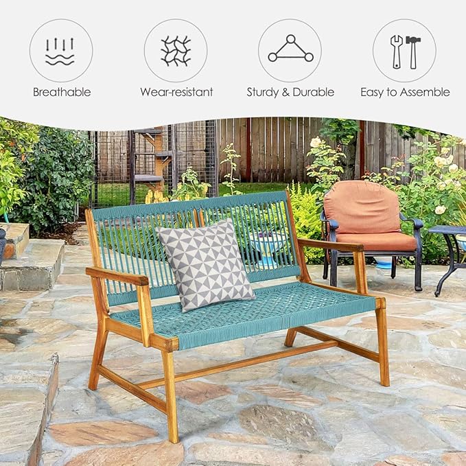 Tangkula 2-Person Patio Acacia Wood Bench Loveseat Chair, Outdoor Patio Acacia Wood Bench in Teak Oil Finish, Patio Loveseat Rope Chair for Balcony Deck Poolside Porch (Turquoise)