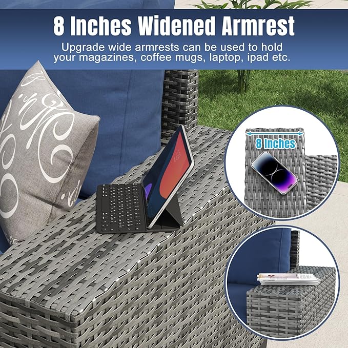 Aoxun 7 Pieces Patio Furniture Set with 44” Fire Pit Table Wicker Rattan Outdoor Sectional Conversation Set with Coffee Table and 4” Thickened Cushions, Gray/Blue(Waterproof Cover Included)
