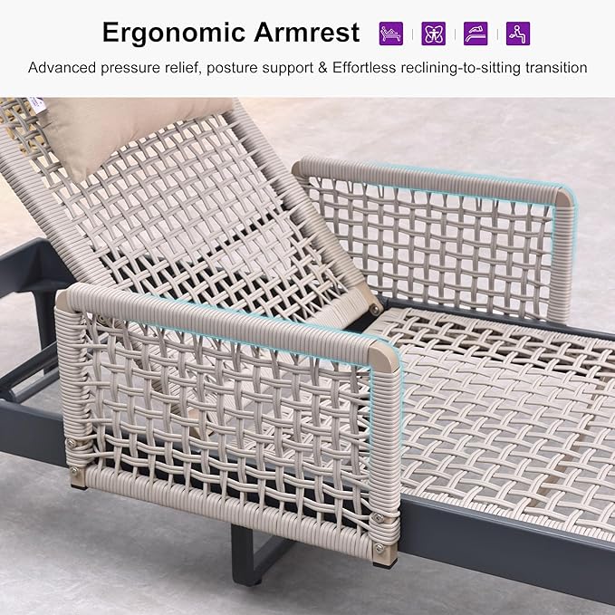 PURPLE LEAF 1 Piece Outdoor Chaise Lounge Rattan Wicker Lounger with Arms Poolside Furniture Adjustable Recliner Patio Lounge Chair for Beach Yard Garden Balcony, Dark Grey
