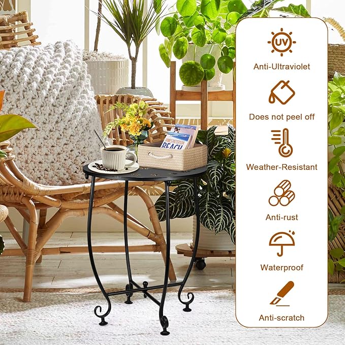 2 Pack 14 Inch Outdoor Side Tables for Patio, Weather Resistant Steel Patio Side Table, Small Round Outdoor End Table Metal Side Table for Patio Yard Balcony Garden Black (Petal)