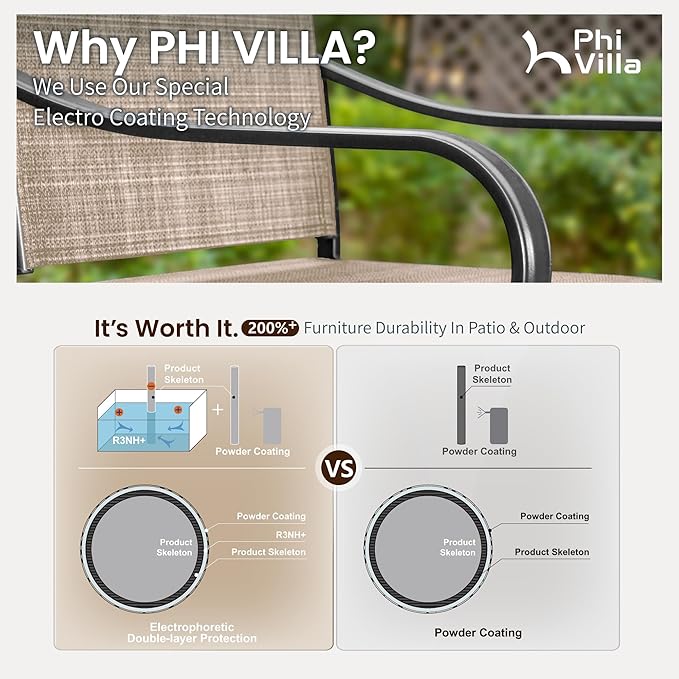 PHI VILLA 7 Piece Outdoor Bar Set, Counter Height Patio Bar Furniture Rectangle Dining Table and 6 Swivel Bar Stools Chairs with Brown Textilene Fabric for Garden,Yard and Deck