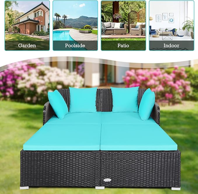RELAX4LIFE Rattan Patio Outdoor Daybed, Wicker 2-Person Sunbed Loveseat with Soft Cushions, 4 Pillows, Curved Backrest & Armrest, Double Bed Lounger Sofa Set for Balcony Porch, Patio Bed (Turquoise)