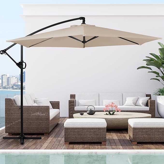 Shintenchi Patio Offset Umbrella with Easy Tilt Adjustment,Crank and Cross Base, Outdoor Cantilever Hanging Umbrella, Sunshade Free Standing Canopy, Khaki