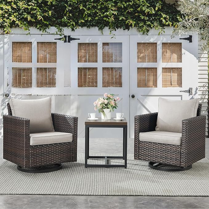 Belord Outdoor Bistro Set 3 Piece Wicker Swivel Rocker Patio Chairs, Oversize Outdoor Rattan Seating Set, Patio Swivel Glider Chairs Wicker Furniture with Metal Side Table for Porch Backyard, Brown