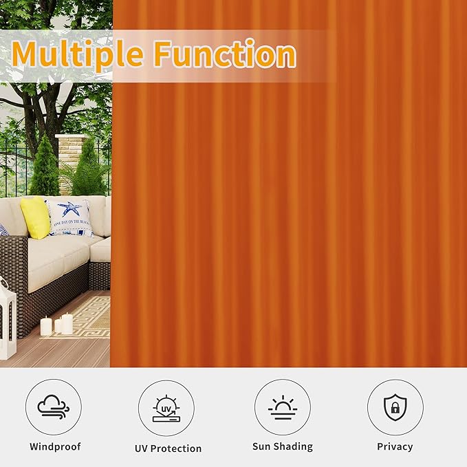 Easy-Going Outdoor Patio Curtains Detachable Tab Top Windproof Weatherproof Curtain for Cabana, Porch, Pergola and Gazebo, Tab Bottom Drape, 2 Panels, 110W x 120L inch, Orange