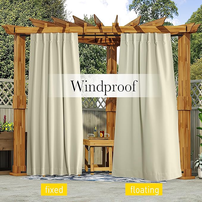 NICETOWN 2 Panels Waterproof Outdoor Curtains Fixed Grommet & Back Tab on Top & Bottom, Thermal Insulated Keep Rain & Sun Out Blackout Windpoorf Outdoor Draperies with Rope, W52 by L108, Light Beige
