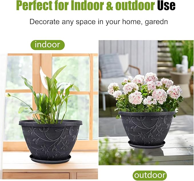 4 Pack 10 Inch Plant Pot for Outdoor Indoor, Plastic Flower Pots with Drainage Hole & Saucer, Lightweight Small Resin Flower Pot, Imitation Magnolia Planter Pots for Garden House（Gray）