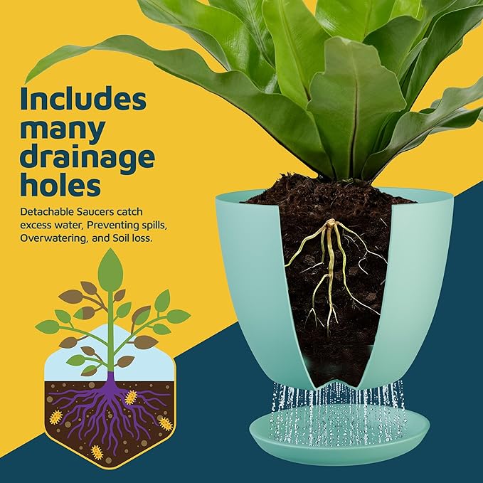 Aqua Plant Pots with Drainage Holes & Saucers 3 Pack, Indoor & Outdoor Stackable Space-Saving Planters for Houseplants & Flowers, (7", 6.7", and 6" Inches), Durable & Weatherproof Materials