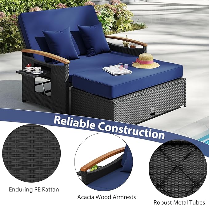 Moccha Outdoor Wicker Daybed, Patio Rattan Loveseat Sofa w/ 4-Level Adjustable Backrest, Folding Panels, Storage Ottoman & Cushions, Lounge Furniture Set for Poolside Backyard Porch (Navy & Black)