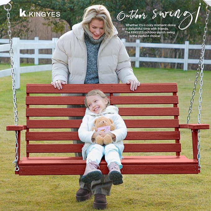 KINGYES Outdoor Hanging Porch Swing Set of 4, 2 Seat Patio Chair With Cup Holders, Waterproof Bench for Courtyard & Garden, 660LBS Weight Capacity, Red