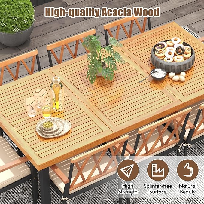 Tangkula 9 Pieces Patio Dining Set, Outdoor Acacia Wood Table and Chairs with Soft Cushions and 1.9” Umbrella Hole, Outdoor Patio Furniture Set for Garden, and Backyard