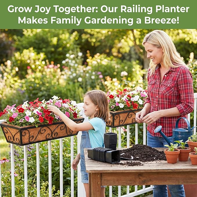 4pcs 30 Inch Window Deck with Coco Liner, 30" Window Boxes Horse Trough with Coconut Coir Liner, Metal Hanging Flower Planter Window Basket Deck Railing Planter Boxes for Outdoor Indoor Lawn