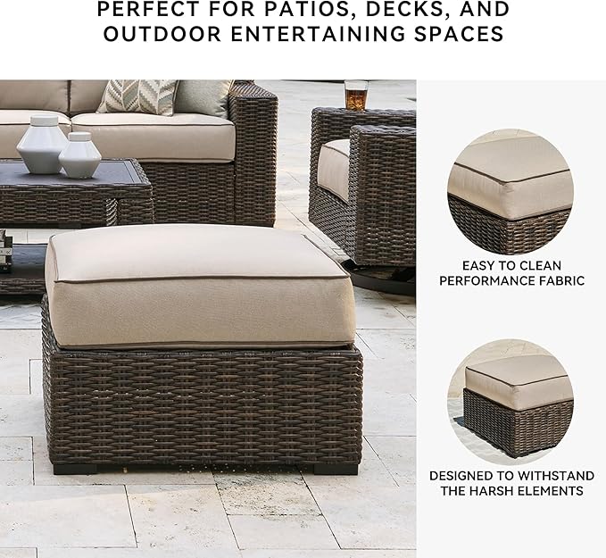 Signature Design by Ashley Coastline Bay Outdoor Patio Nuvella Weather Resistant Fabric, Resin Wicker Ottoman with Cushion, Beige & Dark Brown