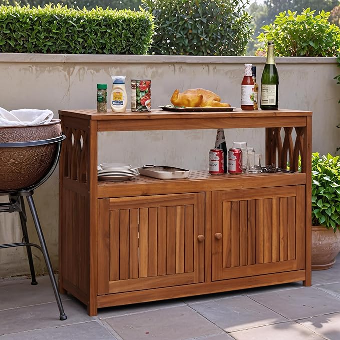 Flamaker Outdoor Storage Cabinet Weatherproof Acacia Wood Outdoor Cabinet with 2 Magnetic Doors Used for Outdoor Storage, Buffet Cabinet, TV Stand, Bar Table, Potting Table (Brown)