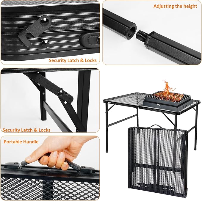 4 ft Folding Table with Metal Mesh Desktop, Grill Table Camping Table with Carry Handle,Adjustable Height (16.5" & 26"), Outdoor Table for Camp, Cooking, BBQ, RV, Picnic,Fits 4–8 People,Black