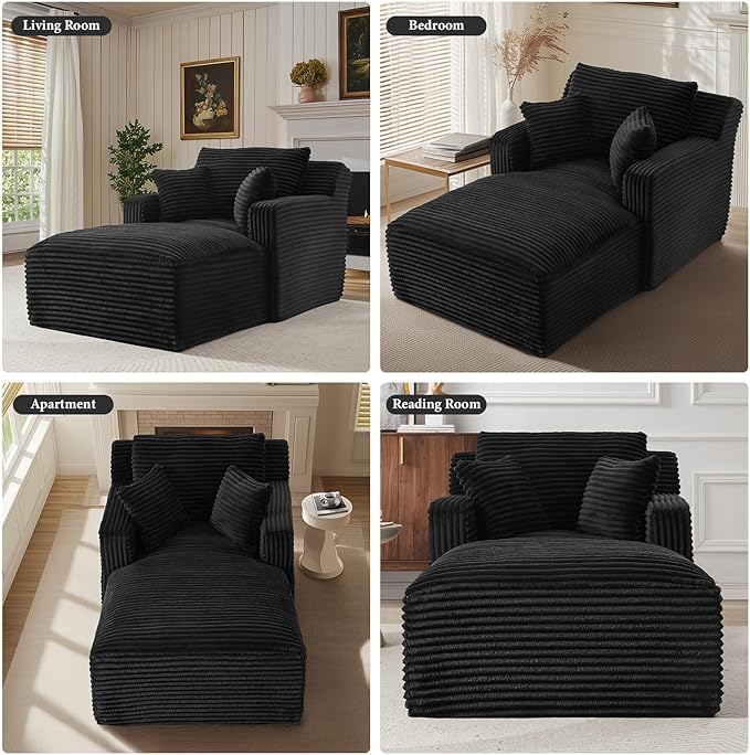 65.4" Chaise Lounge Chair Indoor, Oversized Boneless Chaise Lounge Comfy Sleeper Sofa Bed with 3 Pillows, Corduroy Cloud Reading Chair for Living Room No Assembly Required