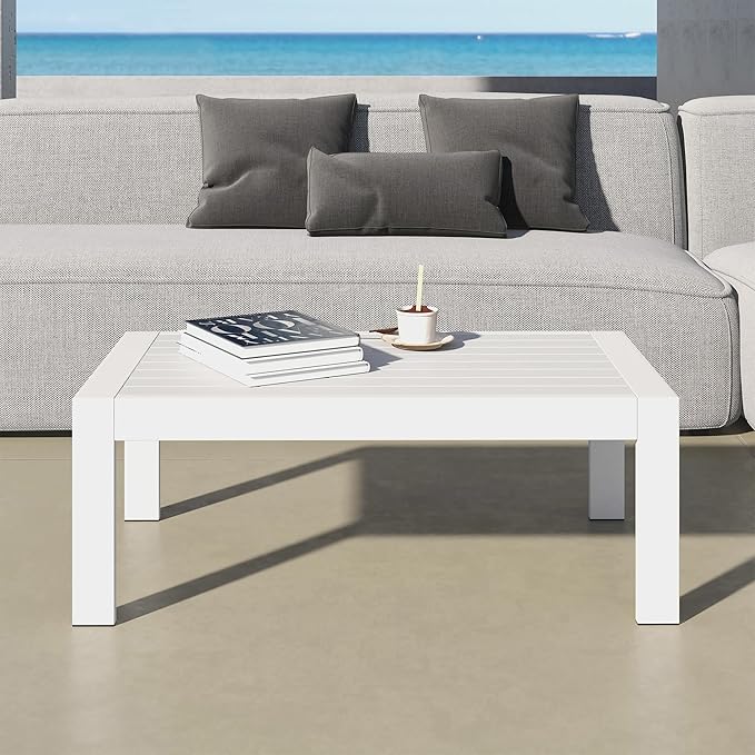 All-Weather Aluminum Outdoor Coffee Table, Modern Coffee Table for Outside, Rectangle Patio Coffee Table for Balcony Garden, White