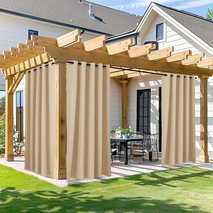 NICETOWN Waterproof Outdoor Curtain 84 inch Long, 66" Wide Stainless Grommet Sunlight Blocking Window Treatment Drape Blackout Curtains for Gazebo/Patio Porch/Pergola/Cabana (Biscotti Beige, 1 Panel)