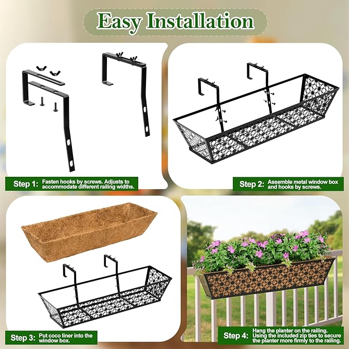 SPECILITE 30" Window Boxes Planters, Heavy Duty Metal Railing Planter Boxes, Adjustable Balcony Planters for Railing Hanging, with Coco Liner & Tool Set for Deck, Porch, and Patio Gardening (2 Pack)