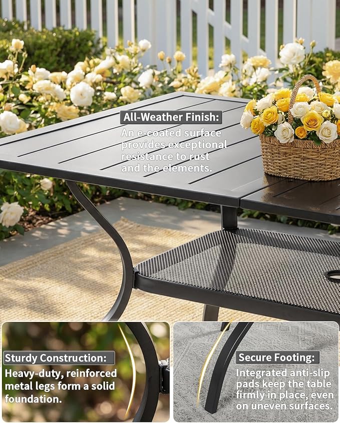 Outvita Outdoor Patio Table for 6 Person, Black Rectangular Metal Frame Patio Classic Dining Table with 1.65" Adjustable Umbrella Hole for Garden Lawn Backyard Deck, 60" L x 35" W x 29" H